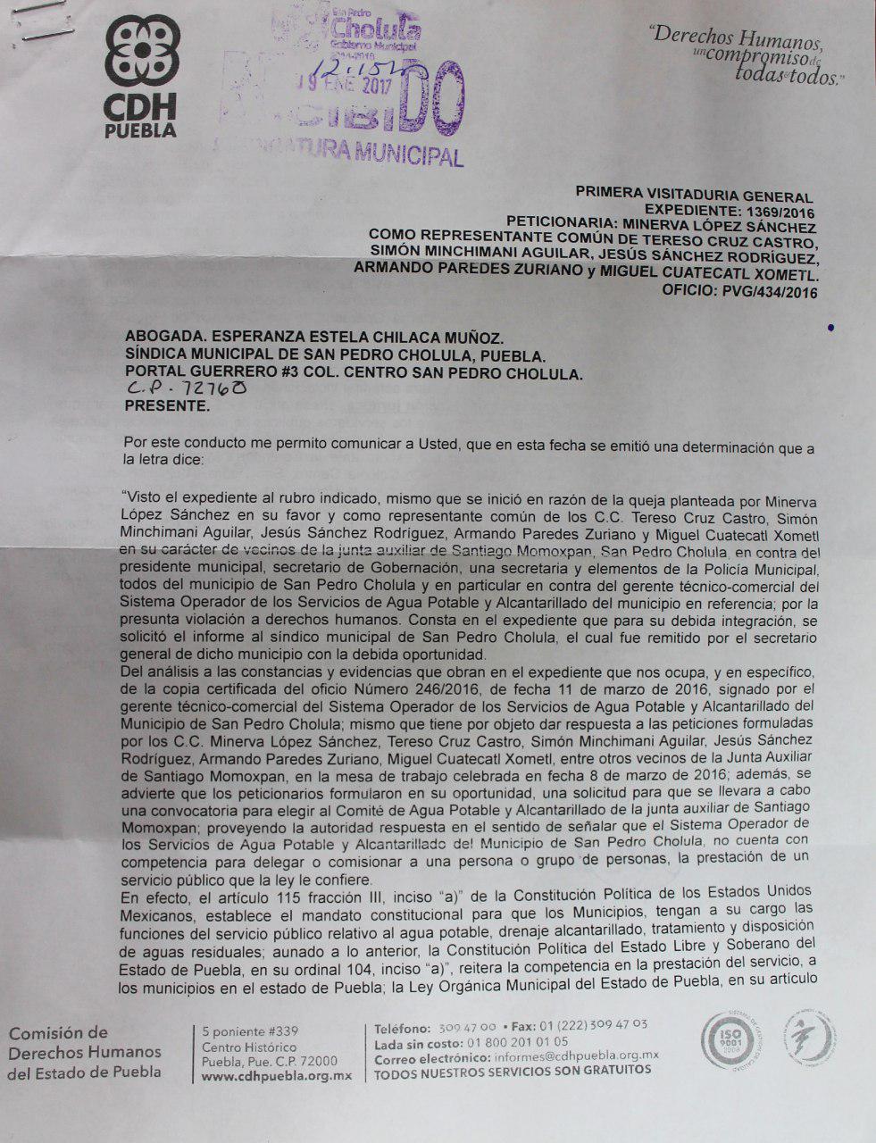 Afirma CDH que compete a Sosapach dar servicio de agua en Momoxpan