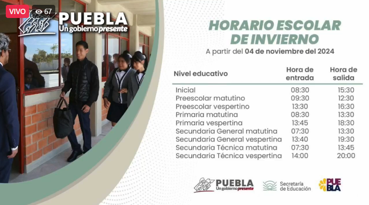 Mañana inicia horario de invierno en escuelas de Puebla