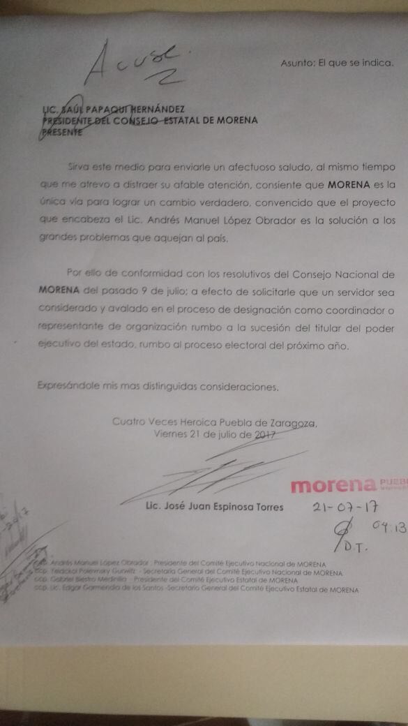 José Juan pide a Morena ser considerado para gubernatura de Puebla