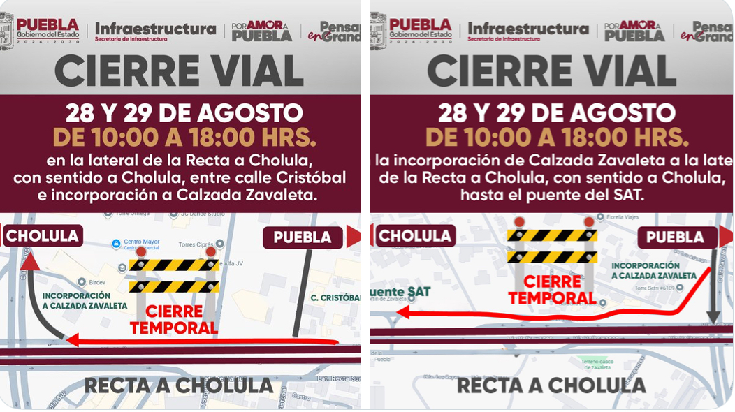 Habrá cierres viales en Recta a Cholula y Zavaleta por bacheo 