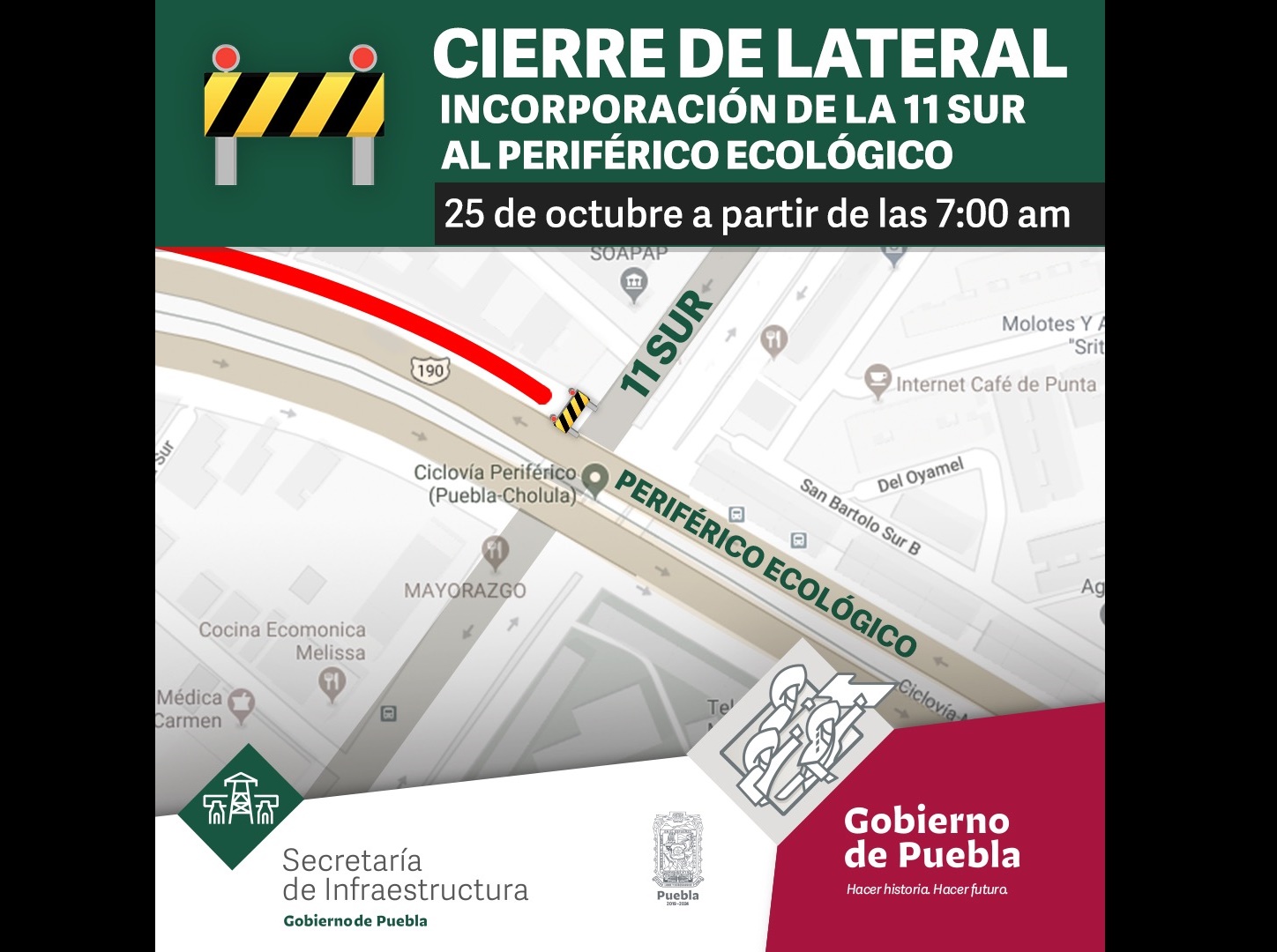 Cierran incorporación de la 11 Sur a Periférico Ecológico por obras