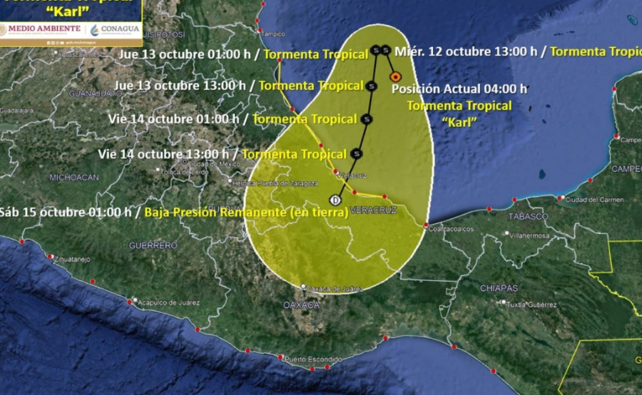 Tormenta tropical Karl se desplaza hacia Tabasco; causará fuerte lluvias en Puebla
