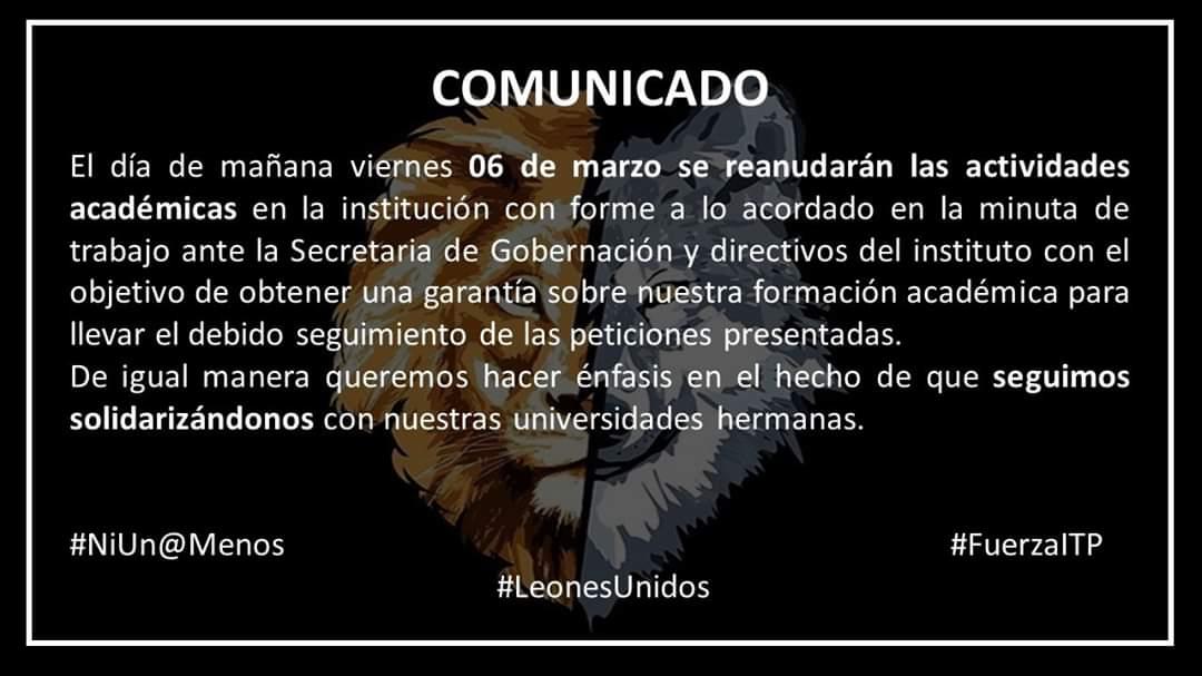 Tras marchas hoy reanudan clases en el Instituto Tecnológico de Puebla