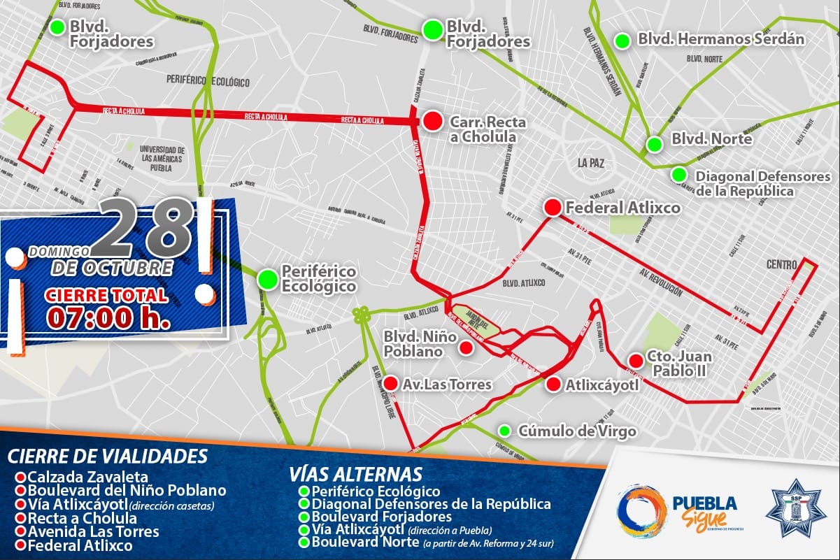 Cerrarán vialidades durante Maratón Mundial Puebla 2018