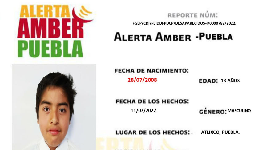 Desde hace 48 horas está desaparecido menor de 13 años en Atlixco