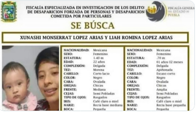 Desaparecen Montserrat y su bebé de un año en La Margarita en Puebla