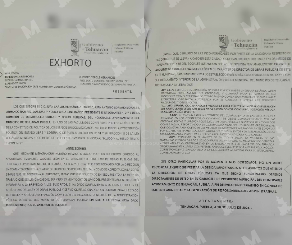 Llama Cabildo a comparecer a director de Obras Públicas de Tehuacán por daños en obras