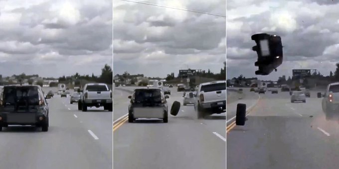 VIDEO Llanta desprendida hace volar un auto en plena autopista