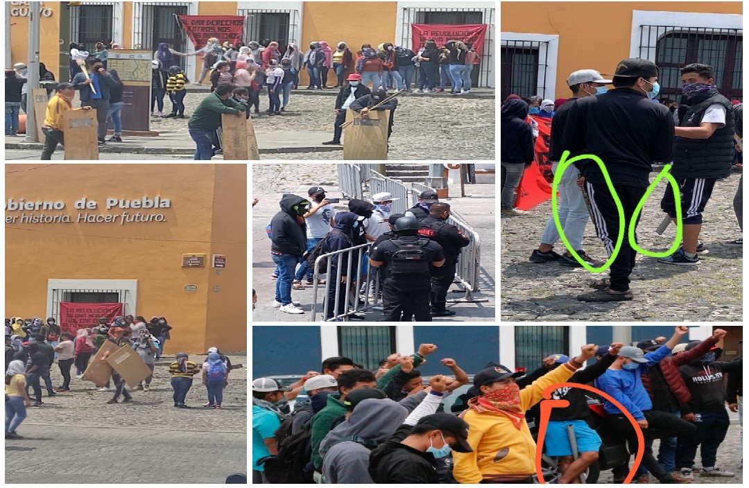 Grupo de choque apoya manifestación de normalistas en Casa Aguayo