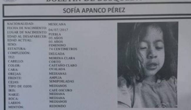 Sofía de 5 años desapareció en la colonia Lagulena en Puebla capital