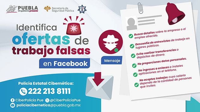 Alerta SSP de Puebla sobre ofertas de trabajo falsas en Facebook