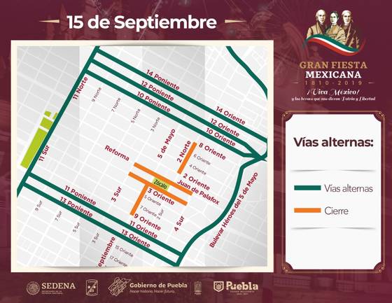 Estos serán los cierres viales en Puebla por las Fiestas Patrias