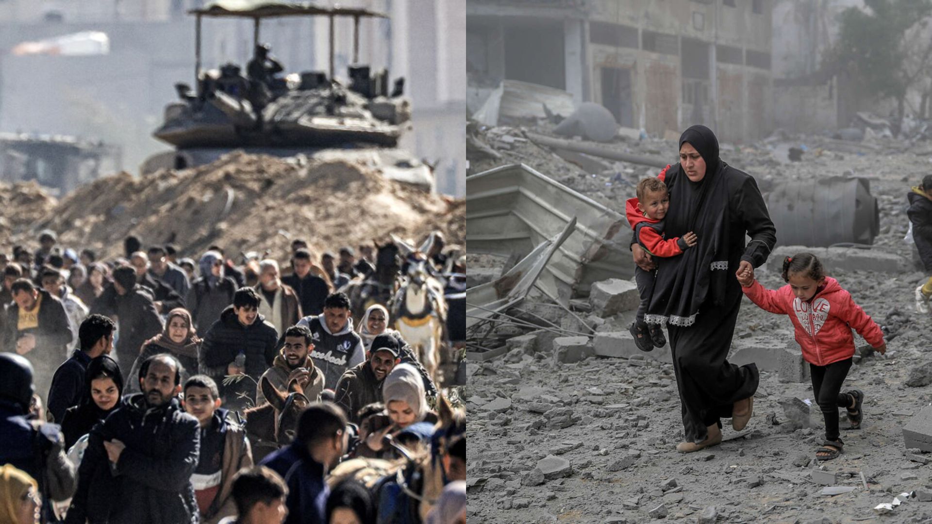 Por matanzas masivas de niños y mujeres, miles de palestinos huyen al sur de Gaza 