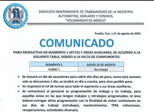 Para hoy, paro productivo por falta de componentes en Volkswagen