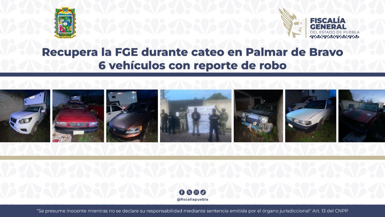 En cateo FGE recupera en Palmar de Bravo 6 vehículos robados