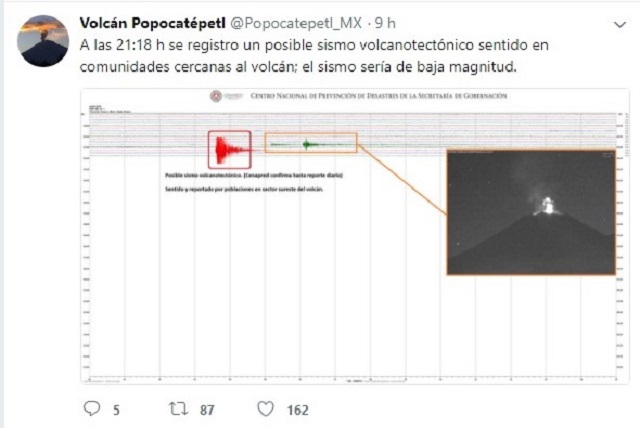 Se registra sismo de 2.1º en el Popocatépetl