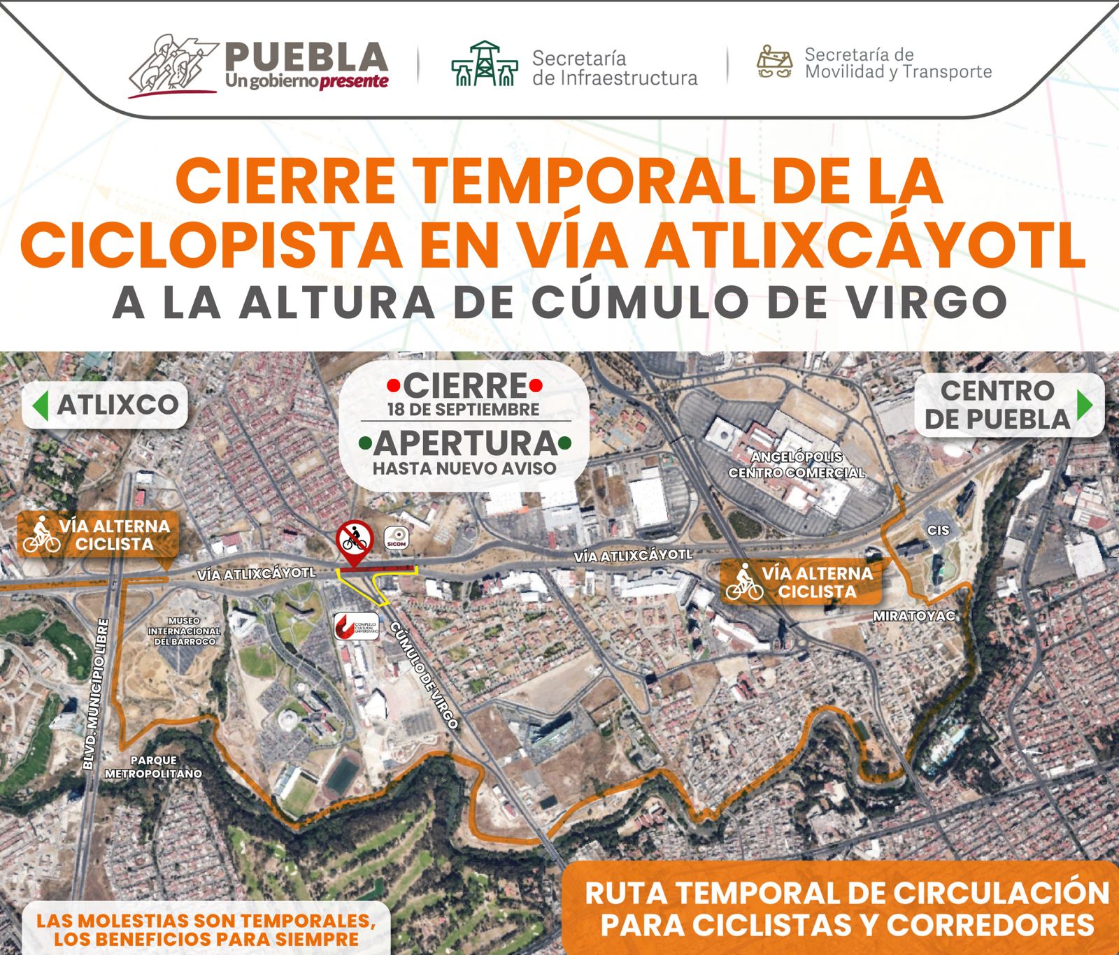 Infraestructura anuncia cierre de paso sobre ciclopista de la Vía Atlixcáyotl