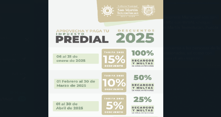 Texmelucan amplía plazo de descuentos en el pago anticipado del predial 2025