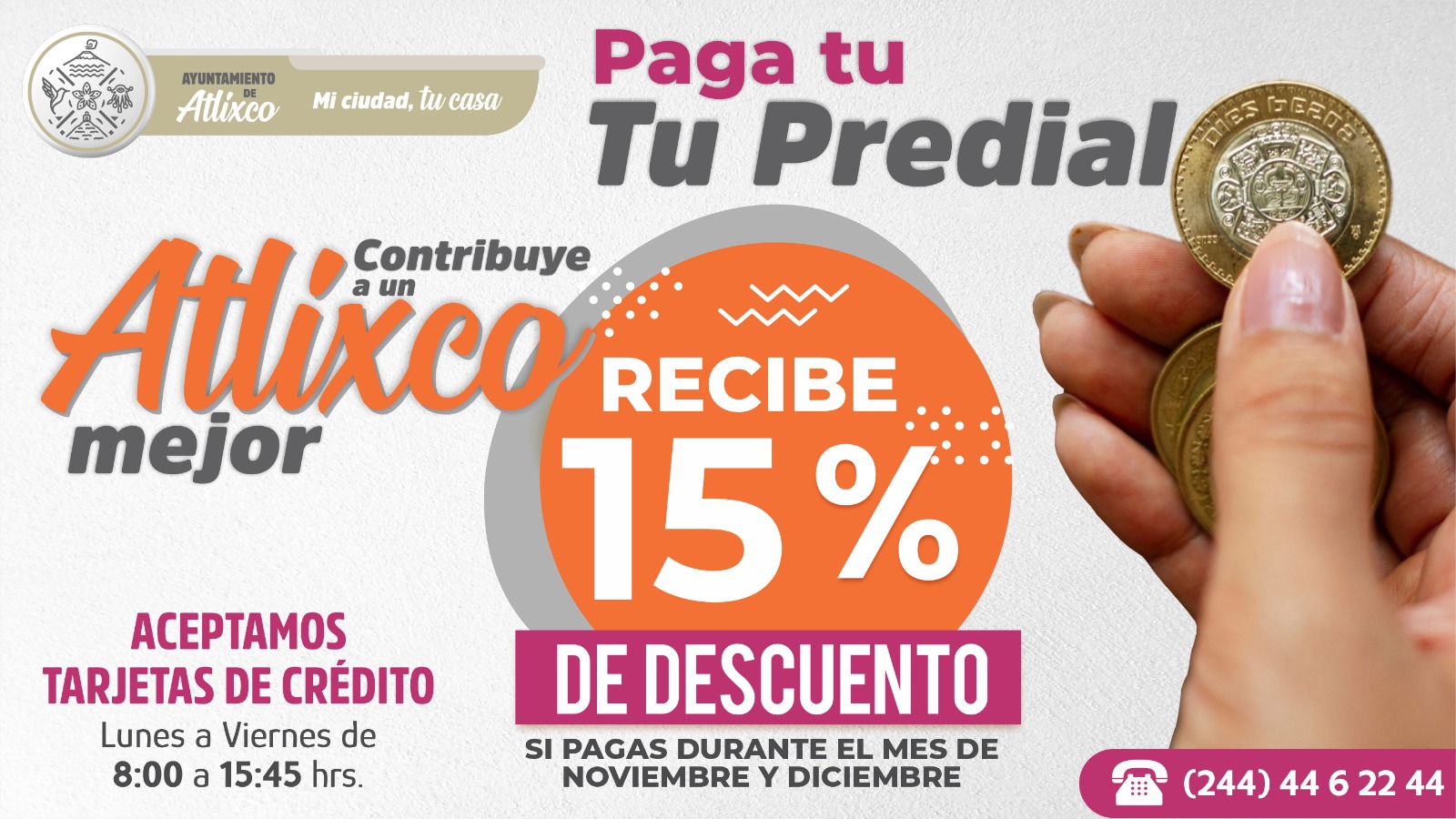 Anuncian descuentos en el pago predial en Atlixco 