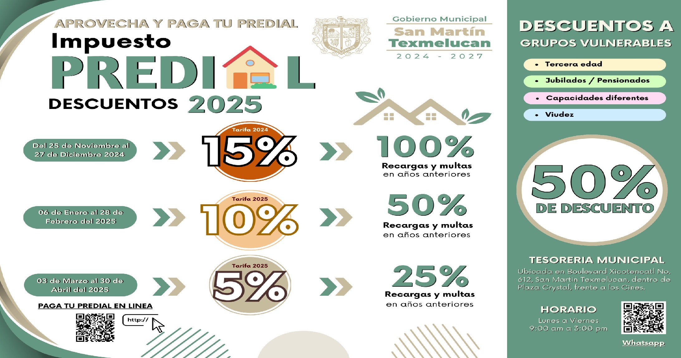 Texmelucan anuncia descuentos en el pago anticipado del predial 2025