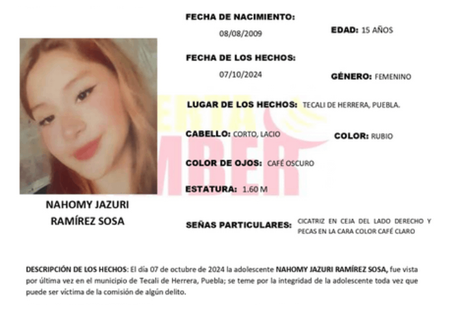 Nahomy de 15 años desapreció en Tecali; activan Alerta Amber