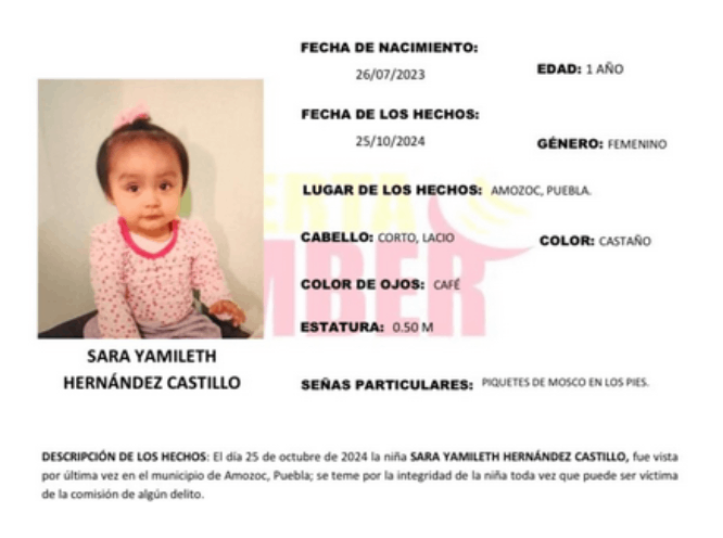 Sara de 1 año desapareció en el municipio de Amozoc