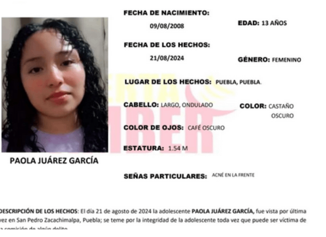 Paola desapareció en San Pedro Zacachimalpa, Puebla; activan Alerta Amber