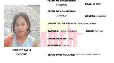 Zuleidy de 11 años desapareció en el municipio de Tepeojuma