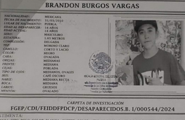 Brandon de 14 años desapareció en la colonia 10 de mayo en Puebla capital