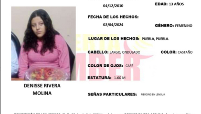 Activan Alerta Amber por desaparición en Puebla de Denisse Rivera