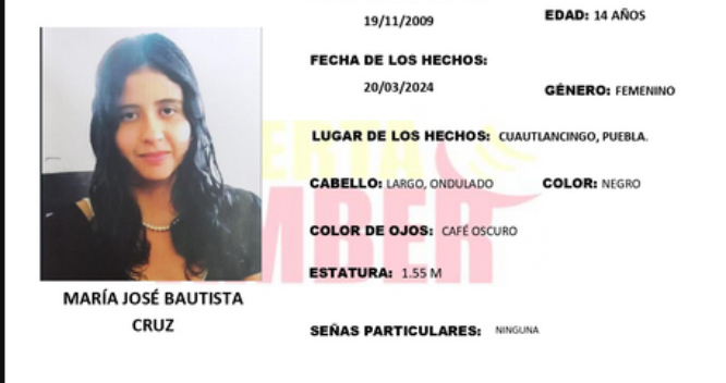 Activan Alerta Amber por desaparición de María José en Cuautlancingo