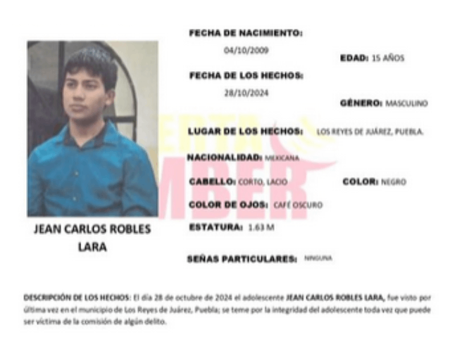 Jean Carlos de 15 años desapareció en Los Reyes de Juárez