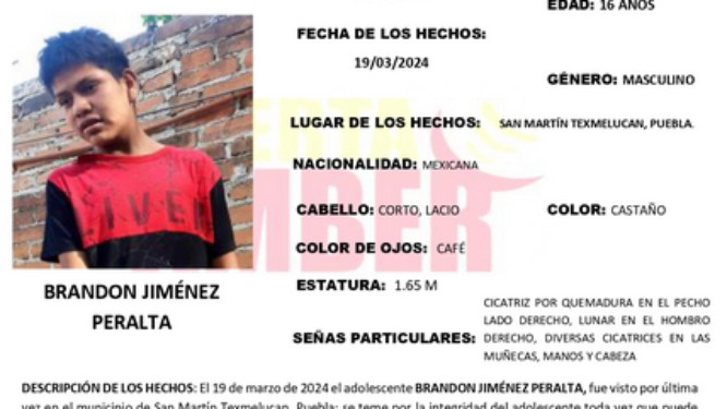 Brandon de 16 años desapareció en calles de Texmelucan