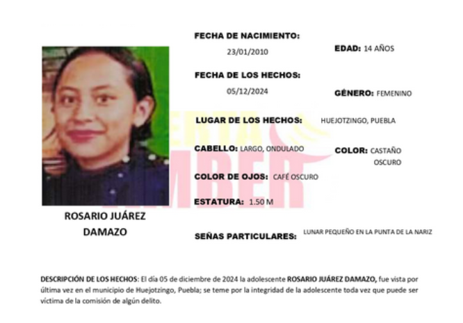 Activan Alerta Amber en Huejotzingo por desaparición de Rosario 