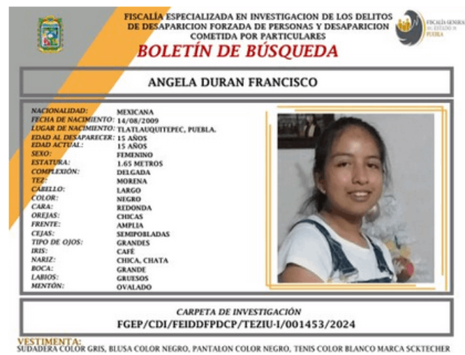 Ángela de 15 años desapareció en calles de Teziutlán