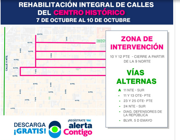 Por obras cierran cruceros de la 9 norte con la 10 y 12 poniente  en Puebla capital