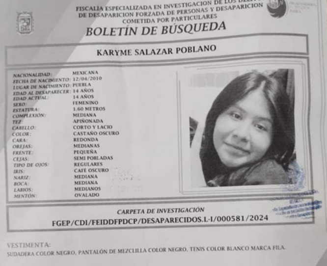 Karyme de 14 años desapareció en la colonia Coatepec en Puebla