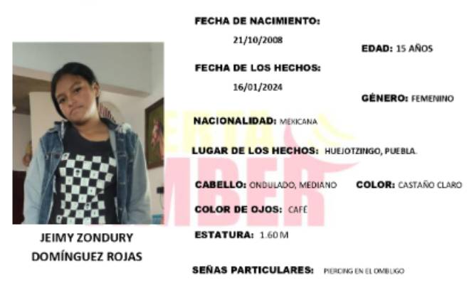 Activan alerta Amber por desaparición de Jeimy en Huejotzingo