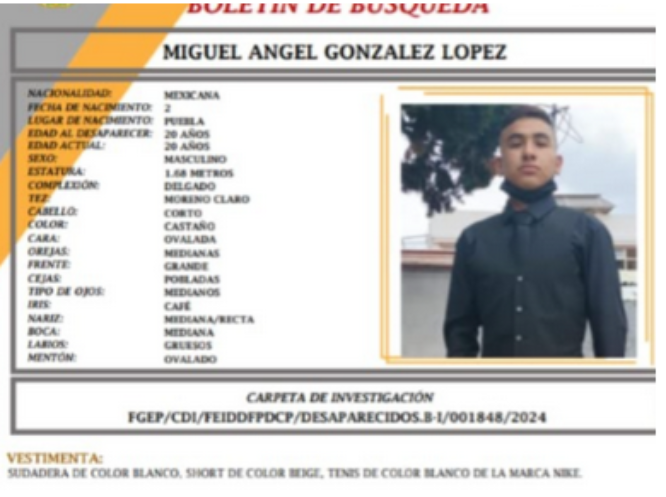 Miguel de 20 años desapreció en calles de la colonia Lomas de 5 de Mayo