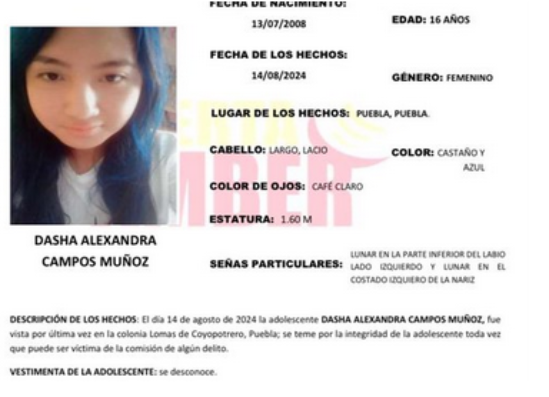 Dasha de 16 años desapareció en la colonia Lomas de Coyopotrero