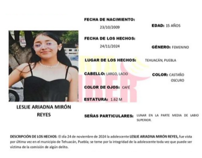 Activan Alerta Amber por la desaparición de Leslie en Tehuacán