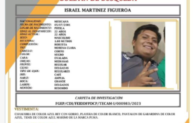 Israel de 22 años desapareció en el municipio de Tecamachalco