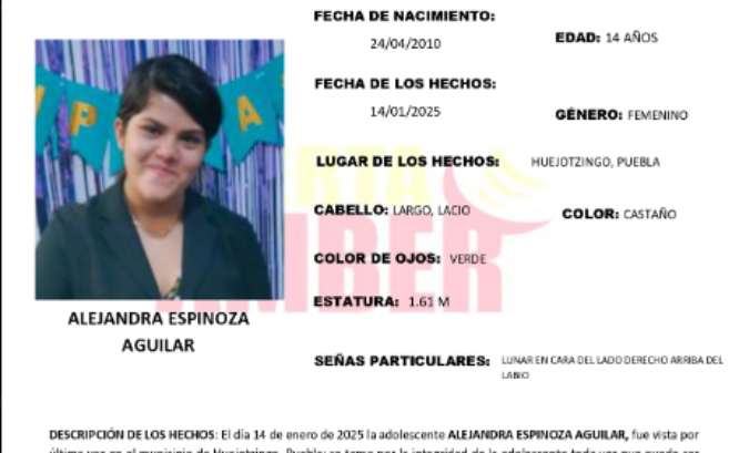 Activan Alerta Amber por desaparición de Alejandra en Huejotzingo