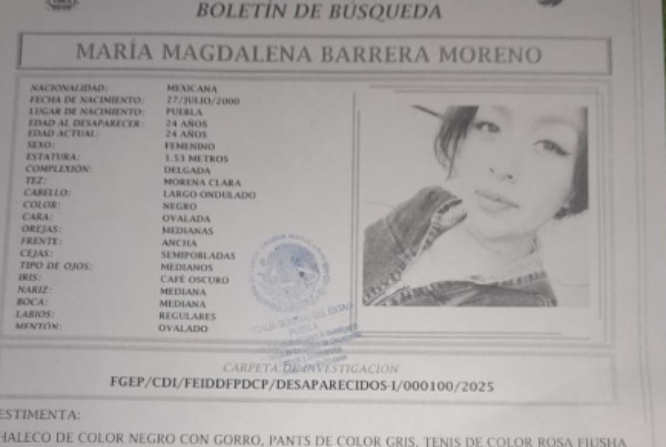 Fiscalía de Puebla emite boletín de búsqueda para María Magdalena de 24 años