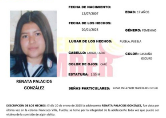 Activan Alerta Amber por desaparición de Renata en Puebla