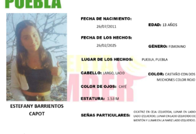 Se activa Alerta Amber en Puebla por la desaparición de Estefany Barrientos