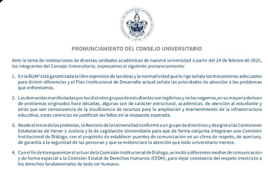 Consejo Universitario emite pronunciamiento oficial ante paro estudiantil en la BUAP