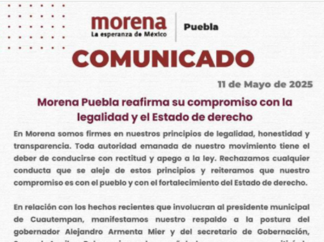 Morena Puebla reitera compromiso con la legalidad tras señalamientos a edil de Cuautempan