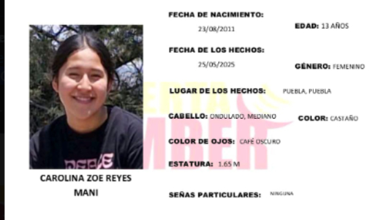 Activan Alerta Amber en Puebla por desaparición de Carolina de 13 años