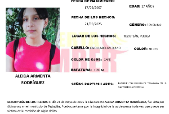 Activan Alerta Amber por la desaparición de Aleida en Teziutlán